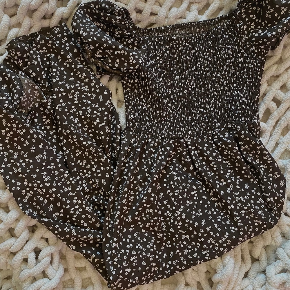 Brown maxi dress with white floral pattern